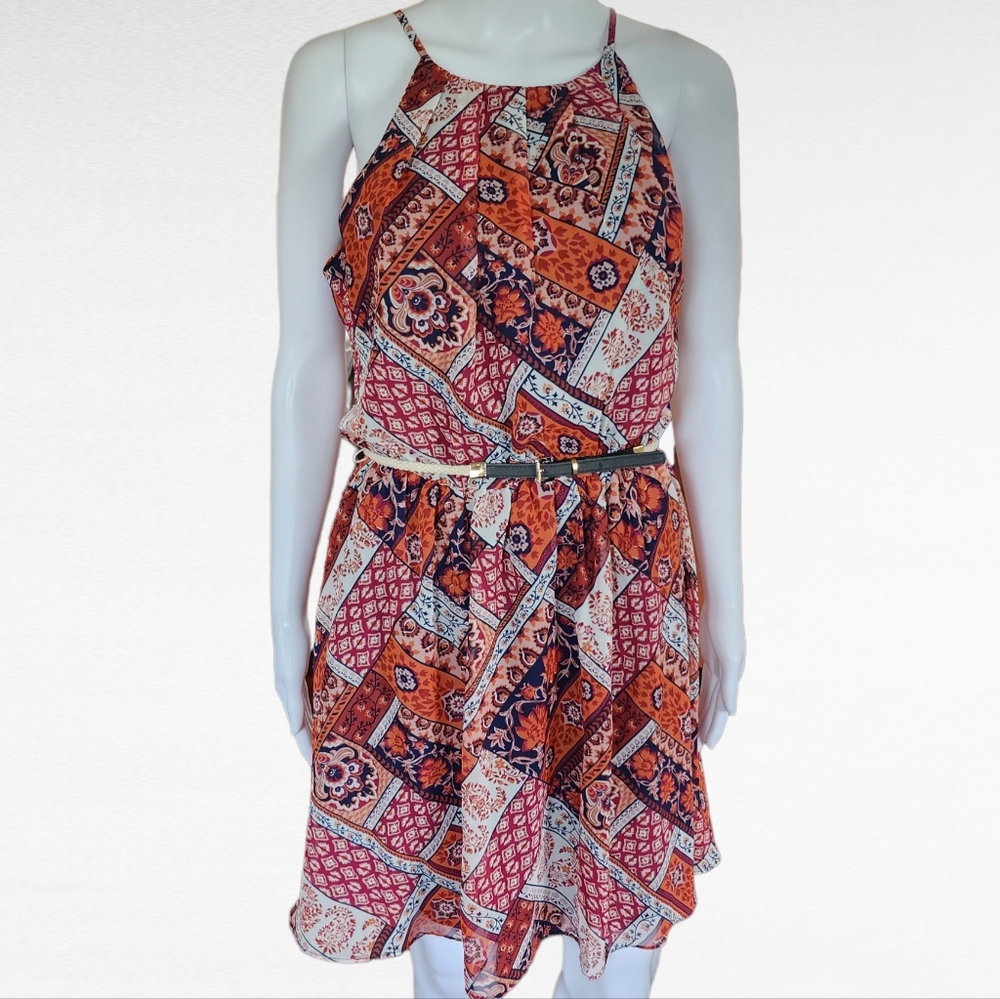 By & By Red Patchwork Pattern Belted Halter Mini … - image 2